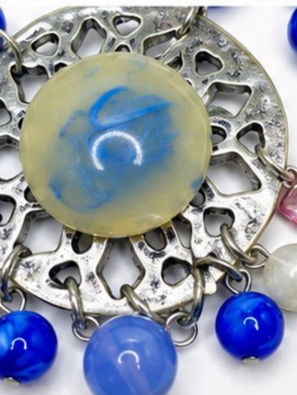 Artisan Boho Statement Necklace Blue Marbled Glass Cabochons Silver Tone Festiva - Picture 7 of 7